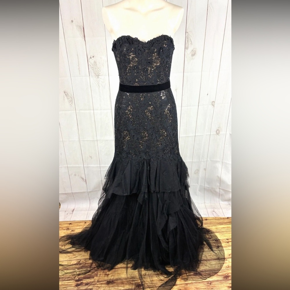 Liancarlo Couture Black Beaded Sequin Lace Tulle Strapless Formal Gown Dress - 6